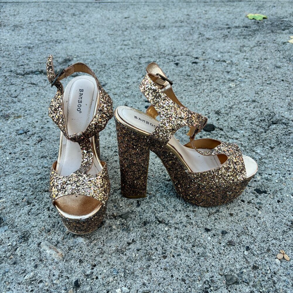 Bamboo Chunky Gold Glitter Heels